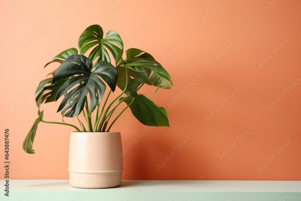 Fototapeta premium Monstera leaf in ceramic potted on white background for decoration in an empty room with Orange floors background. and home interior design for minimalist style.