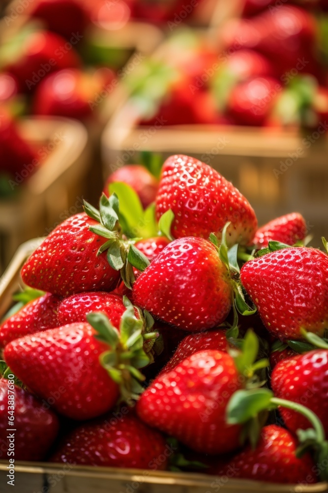 Fresh strawberries in a wooden box for the market farm with blurred workers in the background. Fresh strawberries in a wooden box for the market farm with blurred workers in the background.