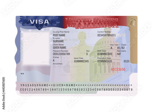 USA visa sticker template on a white background, vector illustration. Travel visa document. United States of America