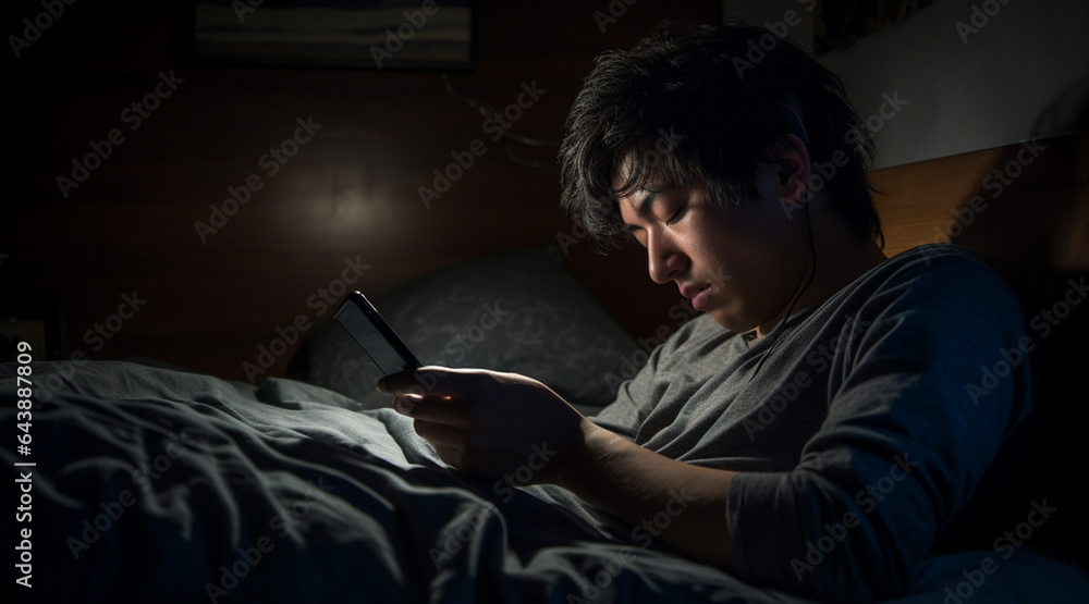 暗い部屋でベッドに寝ながらスマホを触る男性