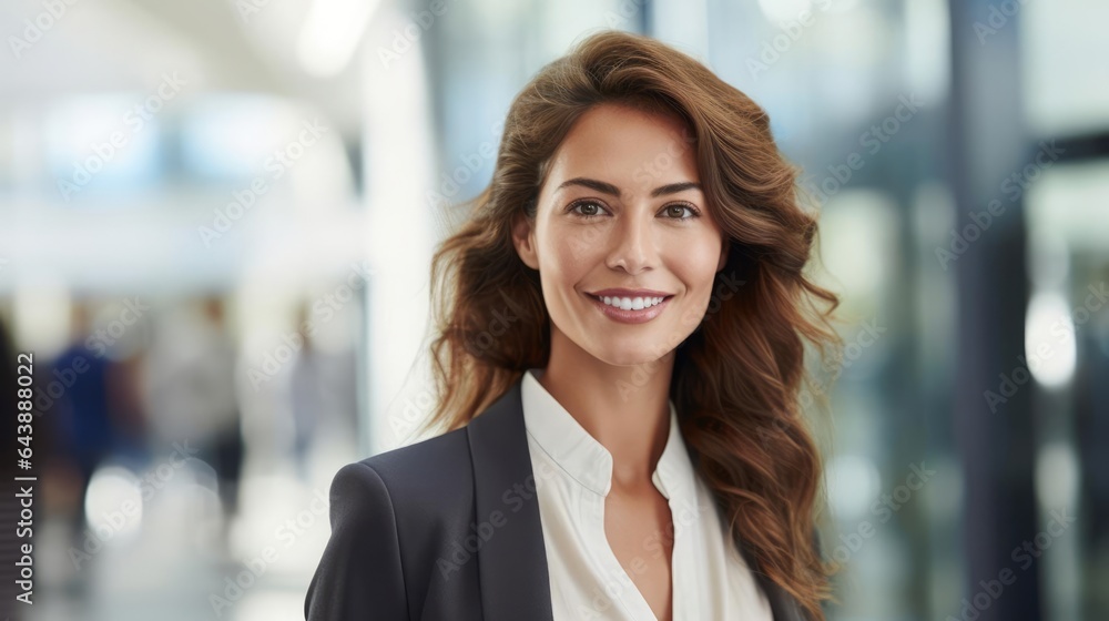 Portrait of a woman in a bustling financial consultancy offering tailored financial advice Portrait of a woman in a bustling financial consultancy offering tailored financial advice