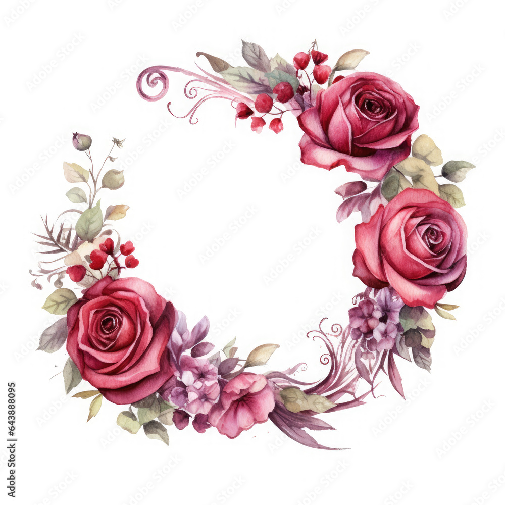 3d Illustration of Burgundy roses wreath, AI Generated
