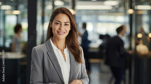 Portrait of a woman in a bustling financial consultancy offering tailored financial advice