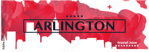 USA Arlington city red banner with abstract shapes of skyline, cityscape, landmarks and attractions. US Texas state travel vector illustration for brochure, website, page, header, presentation photo