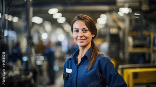 Portrait of a woman in a bustling manufacturing plant optimizing production processes
