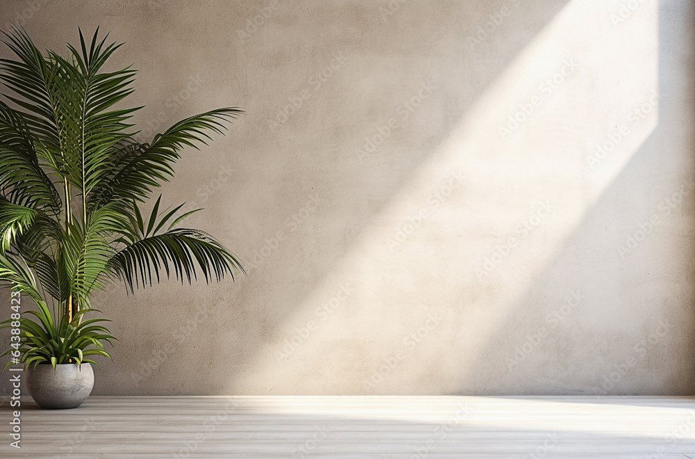 Tropical palm in clay pot and shadow on concrete wall Tropical palm in clay pot and shadow on concrete wall