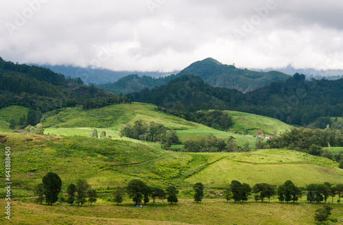 Mountain landscape of plantation and distance mountains.