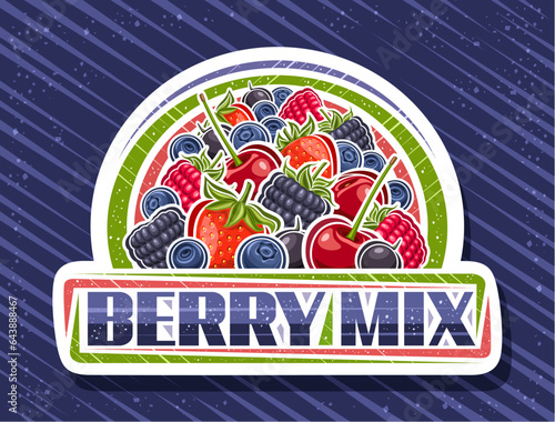 Vector logo for Berry Mix, white decorative sign with contour illustration of many different red garden berries with stems and unique brush lettering for text berry mix on blue abstract background