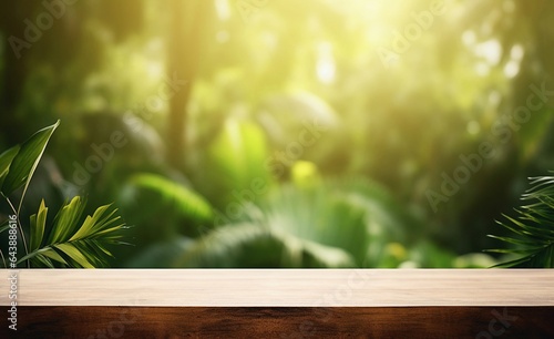 Wooden table with  defocused forest background