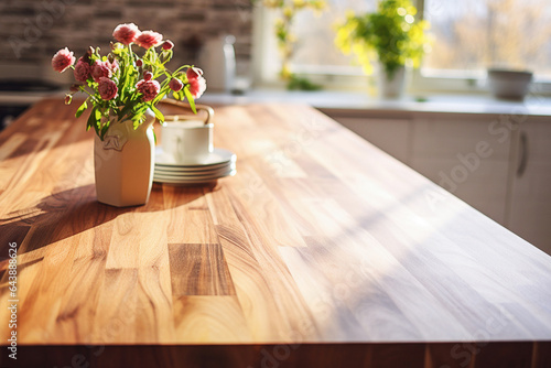 Wooden  table  on blurred kitchen  background