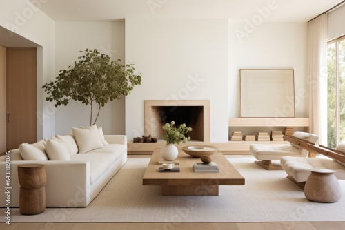 Generative ai of minimalist living room bathed in natural light with neutral colors.