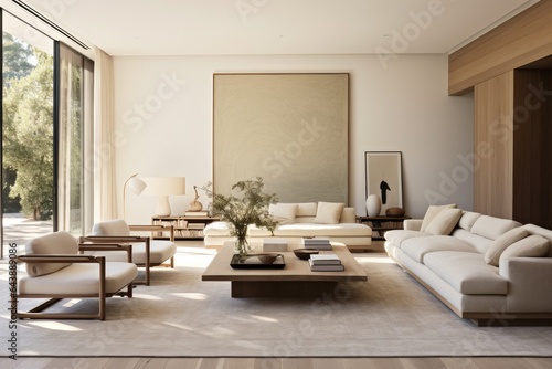 Generative ai of minimalist living room bathed in natural light with neutral colors. © P Stock