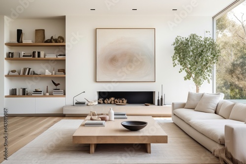 Generative ai of minimalist living room bathed in natural light with neutral colors.