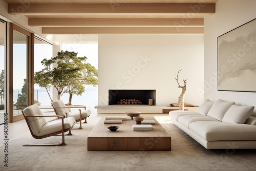 Generative ai of minimalist living room bathed in natural light with neutral colors.