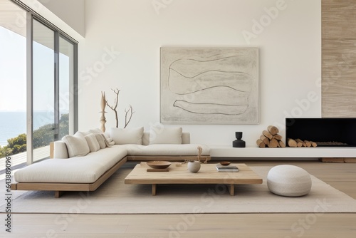 Generative ai of minimalist living room bathed in natural light with neutral colors.