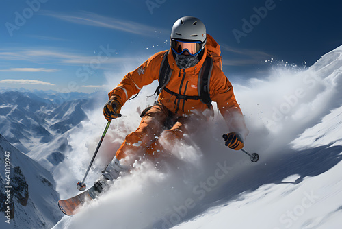 Skier jumping in the snow mountains on the slope with his ski and professional equipment on a sunny day. Generative AI
