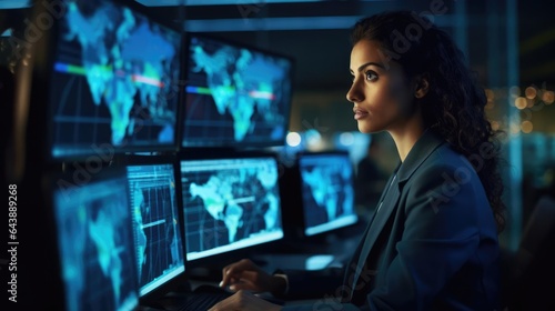 Portrait of a woman in a high-tech security operations center vigilantly monitoring network traffic