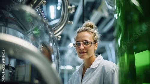 Portrait of a woman in a state-of-the-art biofuel research facility pioneering sustainable energy solutions