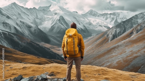 Tourist stands on a high mountain and looks on the peaks with yellow backpack