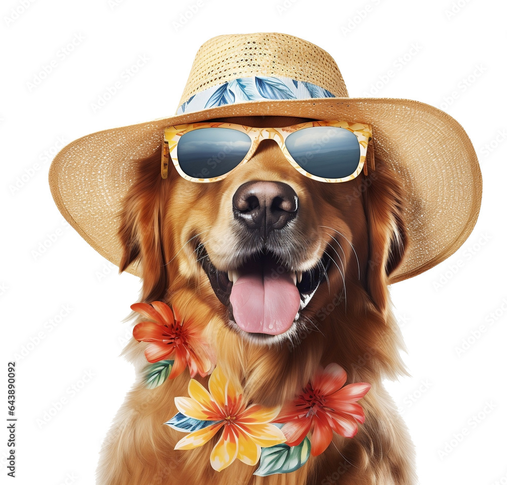 Summer dog, cute dog in hat and goggles for summer travel on