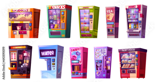 Vending machine icon with snack, candy and popcorn illustration. Food and drink isolated dispenser with unhealthy product. Vendingmachine robot device sell sweet juice and cola graphic design set.