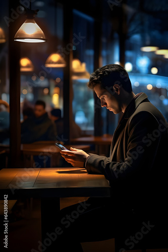 a man is holding a hone and enjoying a night scene at the cafe