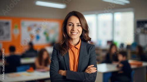 Portrait of a woman in a vibrant classroom inspiring young minds with her passion for knowledge
