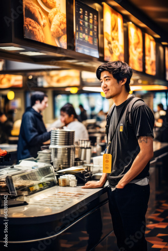 an asian man order food at a fast food restaurant