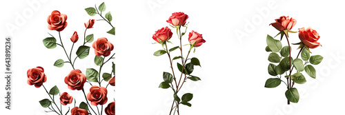 Valentine s Day arrangement of small red roses with green stems and leaves against a transparent background