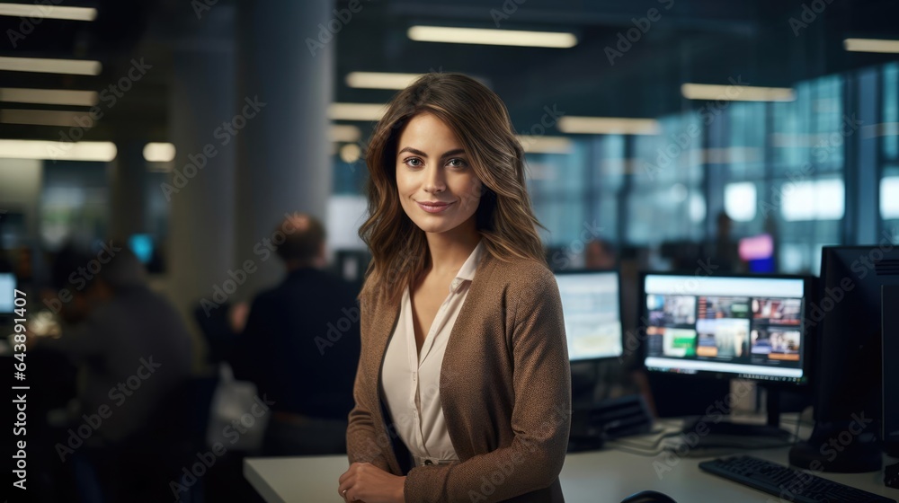 Portrait of a woman journalist at a bustling newsroom crafting compelling articles that inform and engage - obrazy, fototapety, plakaty 