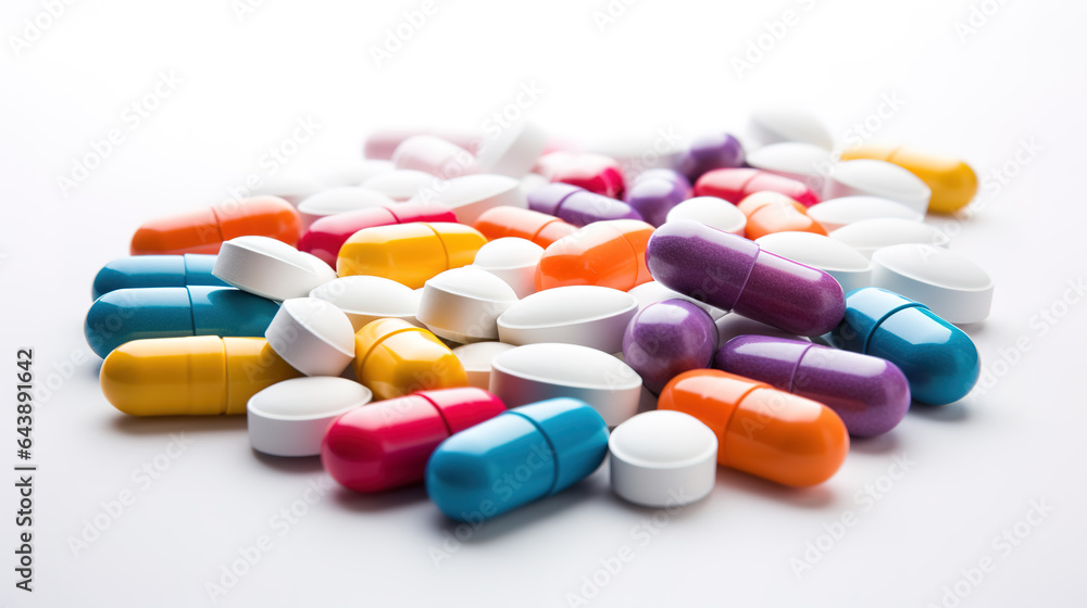 Multicolored pills on a white background Multicolored pills on a white background