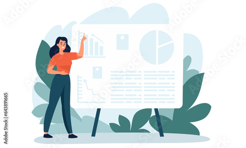 Flat vector illustration. Girl standing in front of a large banner and giving a presentation. Vector illustration