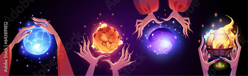 Magical glowing ball for foretelling in female hands of fortune teller, magician or witch. Cartoon vector illustration of luminous sphere during witchcraft and prediction of future. Neon esoteric orb.