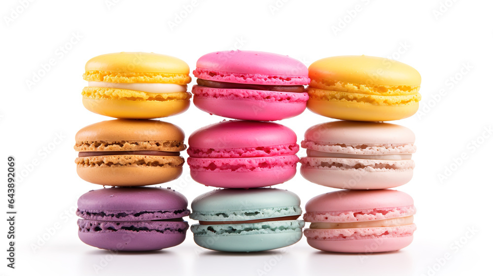 Sweet French macaroons on a white background, dessert.
Sweet French macaroons on a white background, dessert.