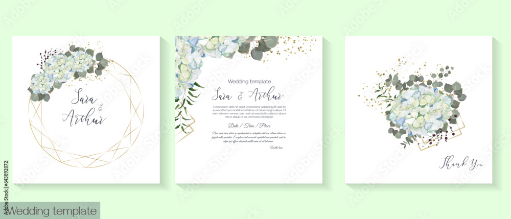 Floral design for wedding invitation. Gold frame in the shape of a crystal, white and blue hydrangea, green plants, eucalyptus. Vector illustration