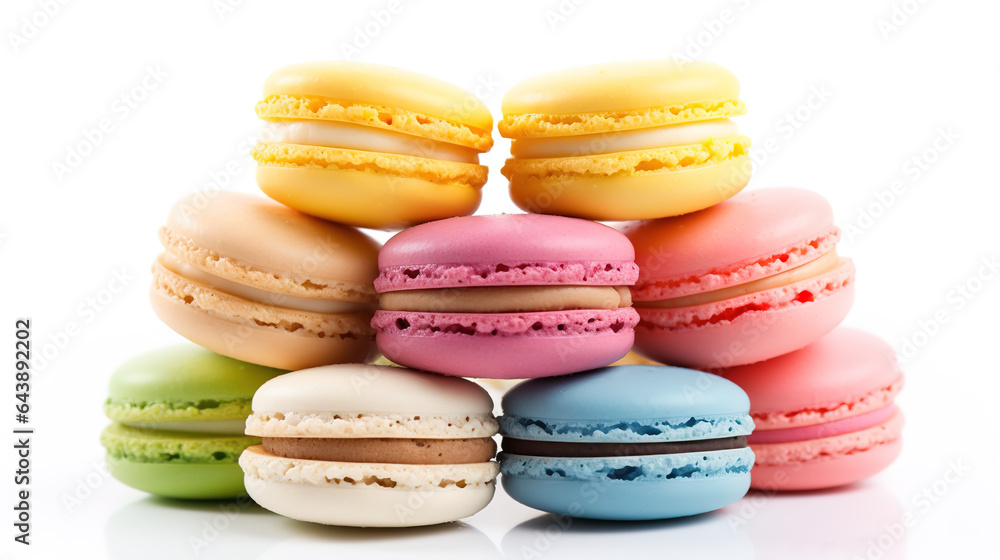 Obraz premium Sweet French macaroons on a white background, dessert.