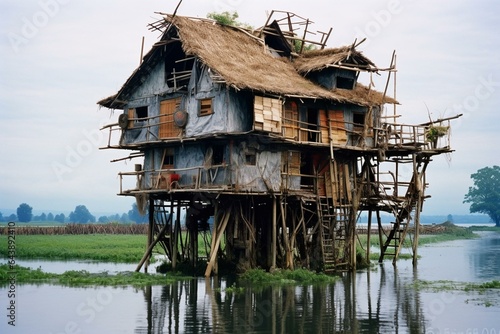 A traditional house raised on stilts. Keywords: traditional, house, stilt, pilotis, pfahlbau, architecture, dwelling, raised, structure. Generative AI © Enzo