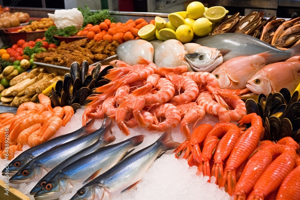Seafood on the counter of a seafood market in Barcelona, Spain Seafood on the counter of a seafood market in Barcelona, Spain