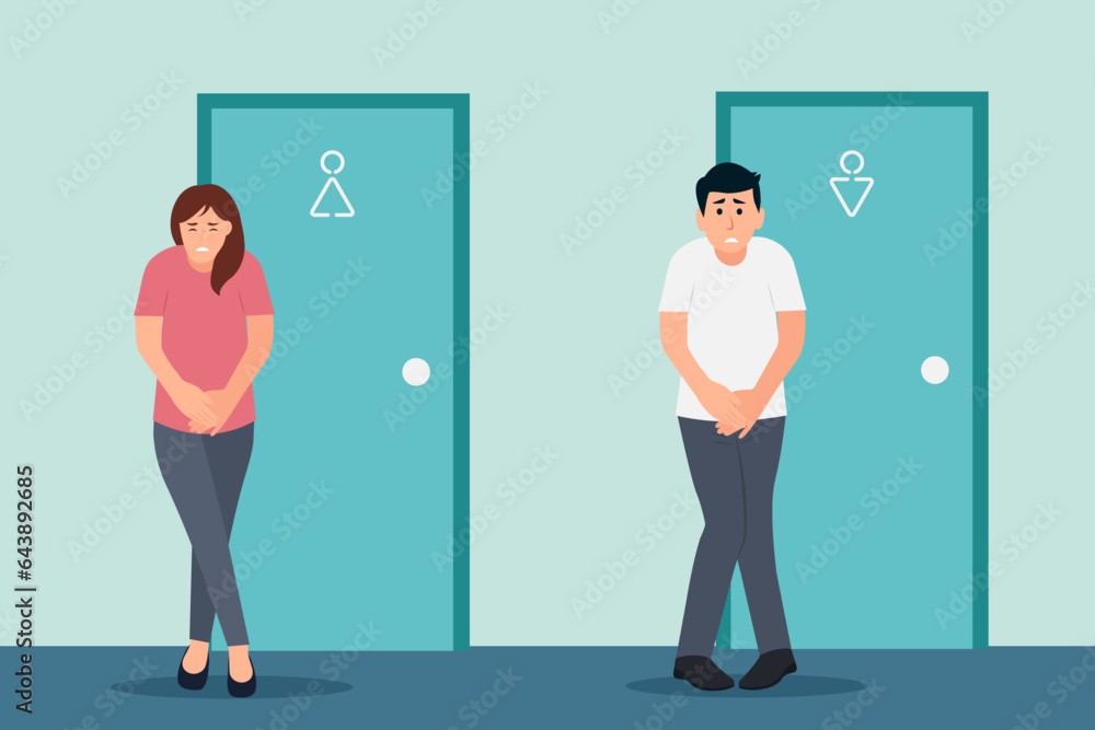 Stressed man and woman standing at the closed toilet door and want to