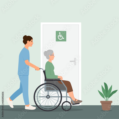 .A nurse in a nursing home helps elderly patient.Elderly Care Concept. Help for seniors with disabilities. Vector illustration.