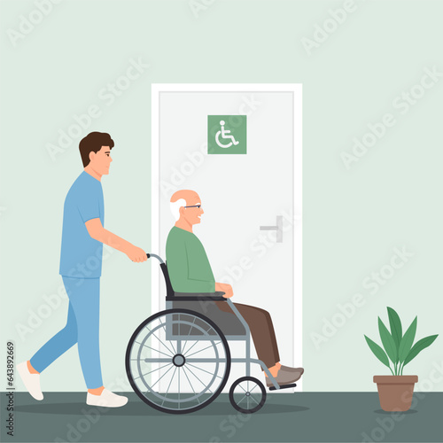 A nurse in a nursing home helps elderly patient.Elderly Care Concept. Help for seniors with disabilities. Vector illustration.