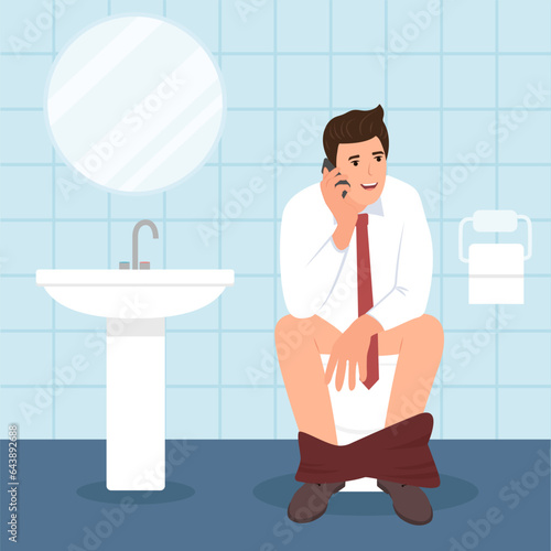 Man communicating online while using toilet. Vector illustrationeans for removing fungi and bacteria. Flat vector illustration.