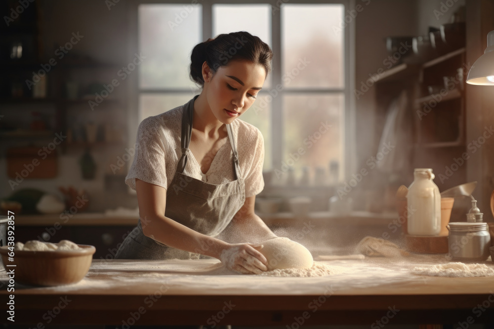 cute girl Focus on kneading bread dough to make a variety of breads in a kitchen with plenty of natural light. cute girl Focus on kneading bread dough to make a variety of breads in a kitchen with plenty of natural light.