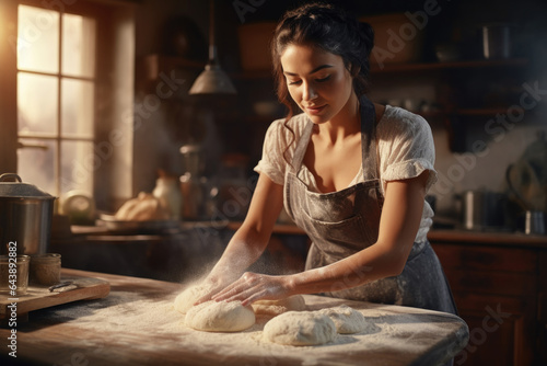 cute girl Focus on kneading bread dough to make a variety of breads in a kitchen with plenty of natural light.