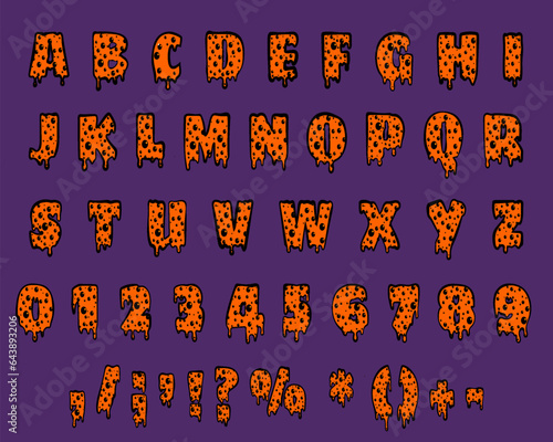 Halloween font latin alphabet. Orange bubbling colorful spooky