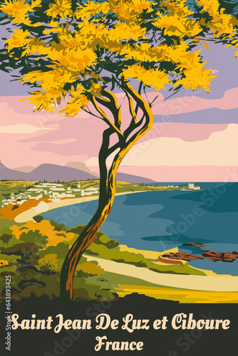French Saint Jean de Luz coast poster vintage. Resort, coast, sea, seaview. Retro style illustration vector