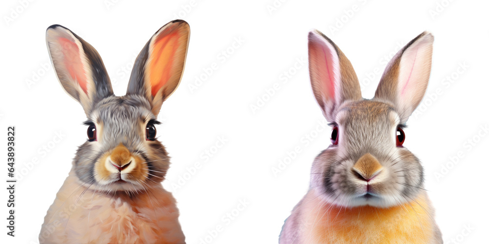 Fototapeta premium Close up view of a rabbit s face in three colors on a transparent background