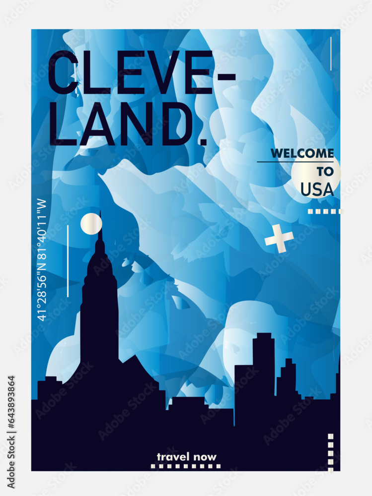 USA Cleveland city blue poster with abstract shapes of skyline, cityscape, landmarks and attractions. US Ohio state travel vector illustration for brochure, website, page, business presentation