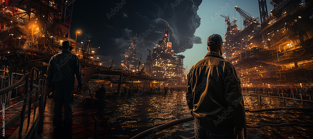 engineer stands on an oil drilling platform amidst the vast sea, working to extract vital resources.Generated with AI - obrazy, fototapety, plakaty 