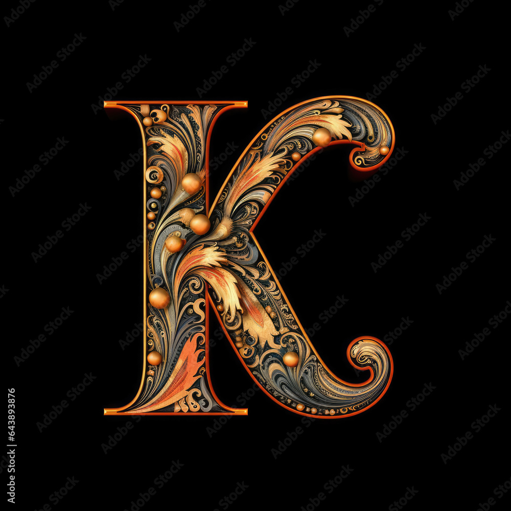 Naklejka premium A letter K with gold leaves and flowers on a black background